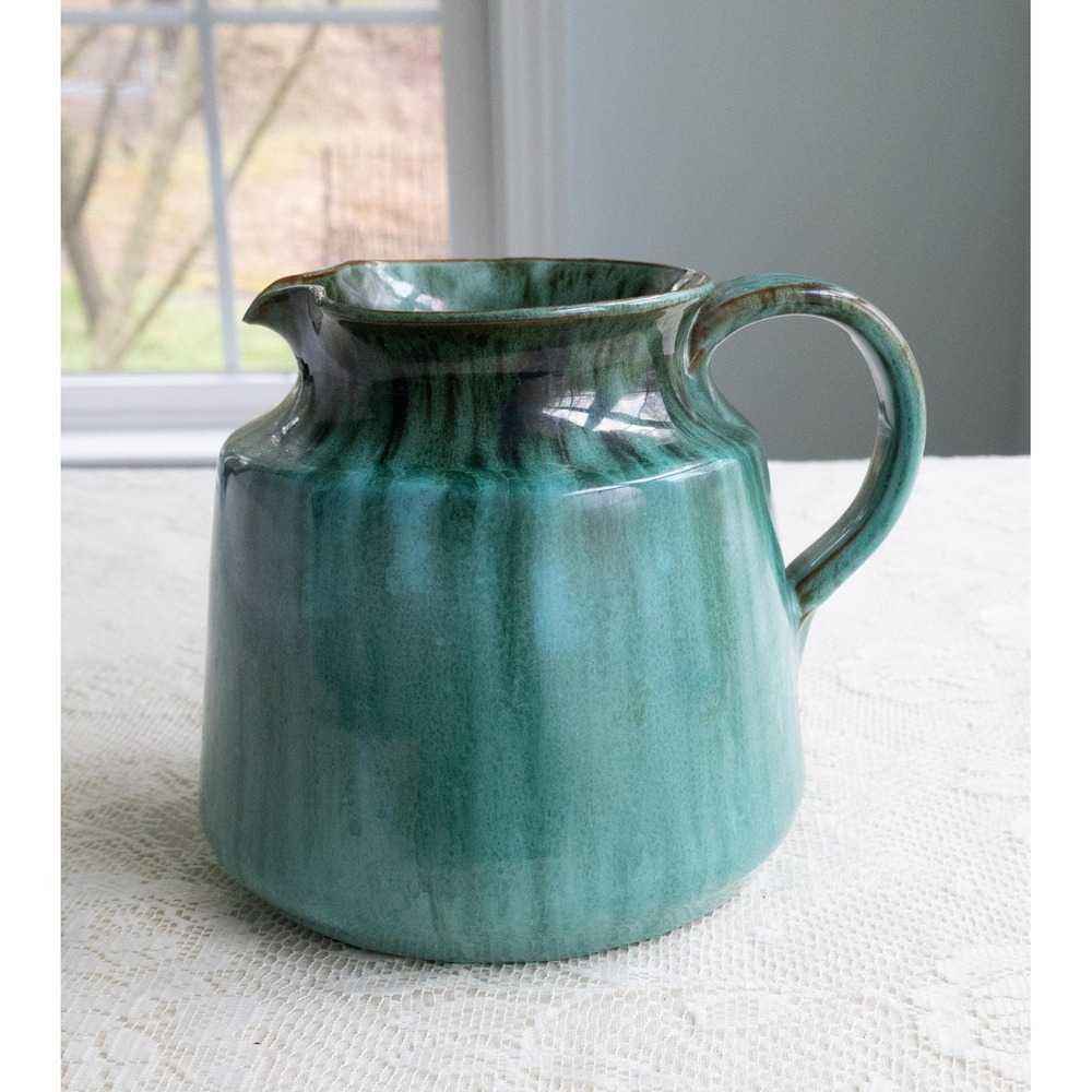Vintage Drip Glaze Pottery Pitcher Jug Handmade Blue-Green Brown